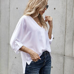 Nadorine V-Neck Long Sleeve Buckle T-Shirt Plain Shirts Shirt Top Elegant Shirts Casual Slim Fit Basic