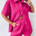 Nadorine Women's Casual Two-Piece Short Sleeve Lapel Cardigan Top and Shorts Loungewear Sets
