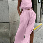 Cotton and Linen Slit Fashionable Two-piece Set