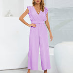 Nadorine Women's Casual Loose Jumpsuit V Neck Sleeveless Solid Ruffle Pleated Wide-leg Long Playsuit with Belt