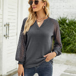 Nadorine V Neck Tops Solid Color Blouse Long Sleeve Pullover Lace Patchwork Shirt