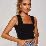 Square Neck Double Lined Basic Bodysuit Soild Ribbed Tank Tops Clubwear