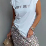 Two Piece Outfits Short Sleeve Round Neck T-Shirt Sequined Long Skirt Sets