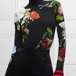 Long Sleeves Skinny Floral Printed Split-Joint High Neck T-shirts