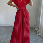 Loose Short Sleeves Pleated Solid Color Split-Joint V-Neck Jumpsuits