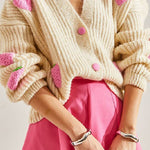 Sweet V-neck beige strawberry decorated cardigan sweater