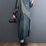 Original Loose Denim Contrast Color Round-Neck Long Sleeves Midi Dress