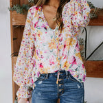 Nadorine Long Sleeve Boho Drawstring Floral Print V Neck Shirt Buttoned Blouse Casual Tunic Tops