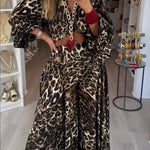 Gold Foil Leopard Print Balloon Sleeve Twist Top and High Rise Elastic Waist Oversized Flare Pants Set