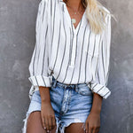 Nadorine Pullover Shirts Long Sleeves Striped Tops Casual V Neck Button Down Blouses
