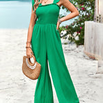 Sleeveless Lace-up Smocked Jumpsuits Solid Loose fit Wide Leg High Wasit Romper