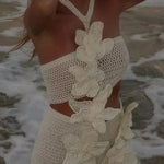 Mermaid Song Crochet Knit Three Dimensional Halterneck Cutout Stretch Mini Dress