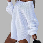 Loose Mid-length Off-shoulder V-neck Slit Knitted Sweater