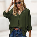 Nadorine V-Neck Long Sleeve Buckle T-Shirt Plain Shirts Shirt Top Elegant Shirts Casual Slim Fit Basic