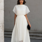 High Neck Sheer Sleeve Pleated Midi Dress