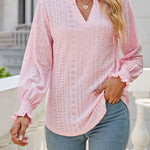 Solid color hollowed out gathered ruffle sleeve V-neck loose long-sleeved top