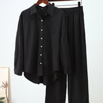 Solid Color High-Low Long Sleeves Lapel Blouses + Drawstring Pants Two Pieces Set