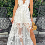 OFF WHITE LACE MAXI DRESS WITH CUT OUT
