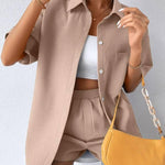 Nadorine Women's Casual Two-Piece Short Sleeve Lapel Cardigan Top and Shorts Loungewear Sets