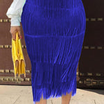 SOLID COLOR HIGH WAIST ELASTIC WAIST PLEAT FRINGED SKIRT