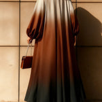A-Line Long Sleeves Elasticity Gradient Pockets Round-Neck Maxi Dresses