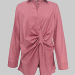 Long Sleeves Wrap Asymmetric Knot Pleated Lapel Blouses&Shirts Tops