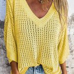Fashionable Hollow V-neck Long-sleeved Casual Loose Knitted Top