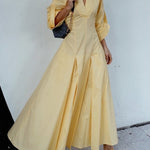 A-Line High Waisted Pleated Solid Color V-Neck Maxi Dresses Shirt Dress