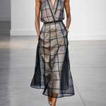 Women's Checkered Tulle Lapel Sleeveless Belted Maxi Dress