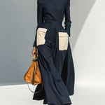 Women's Fashionable And Elegant Navy Blue Turtleneck Long-sleeved Fitted Top Paired With Matching Wide-leg Trousers With White Color Blocking Pockets