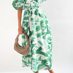 Elegant V-neck slim waist large swing skirt printed dress