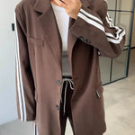 Levvie Striped Trim Long Sleeve Lapel Blazer and Rope Belt Pocketed Wide Leg Pants Set