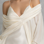 Elegant Women's White Satin And Chiffon Off-the-shoulder Midi Dress With Spaghetti Straps