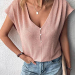 Short Sleeve V Neck Ribbed Knitwear Leisure Loose Fit Work Crochet Top with Pearls