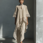 Women's Beige Linen Asymmetrical Hem Top And Straight Skirt Set