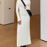 Long Sleeve Dress Crew-Neck Knit Maxi Dress Ribbed Elegant Long High Waist Pleated Dresses