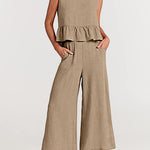 Nadorine 2 Piece Outfits Sleeveless Ruffle Tank Crop Top and Wide Leg Pants Lounge Set with Pockets