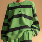 Casual Sports Green And Black Striped Sweatshirt And Pants Set