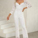 V Neck Jumpsuit Long Sleeve Wedding Lace Bridal Romper