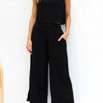 Khiara Basic Button Crop Top and Pocketed Pants Set