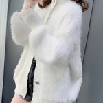 Women's Faux Fur Sweater Cardigan Knitted Turtleneck Jumper Fluffy Coat