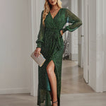 V-neck High Split Long Evening Dress with Belt