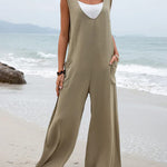 Wide Leg Jumpsuit Sleeveless V-Neck Casual Loose Jumpsuit Comfy Baggy Tank Romper with Pockets