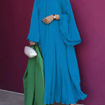 Flared Sleeves Loose Pleated Ruffled Solid Color Split-Joint High Neck Maxi Dresses