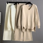 Stylish Loose Long Sleeves Solid Color V-Neck Sweater Tops& Wide Leg Pants Two Pieces Set