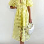 Remarkable Beauty Square Patterned Fabric Puff Sleeve Party Midi Dress