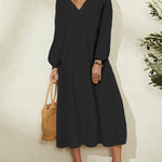 V-Neck Loose Lantern Sleeves Long Sleeve Maxi Dress