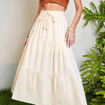 Solid color cotton and linen elastic waist pleated skirt