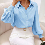Nadorine V Neck Crinkle Crepe Lantern Sleeves Shirt Top Button-Down Loose Blouse