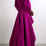 Long Sleeves Loose Pleated Solid Color Split-Joint Tiered Round-Neck Maxi Dresses